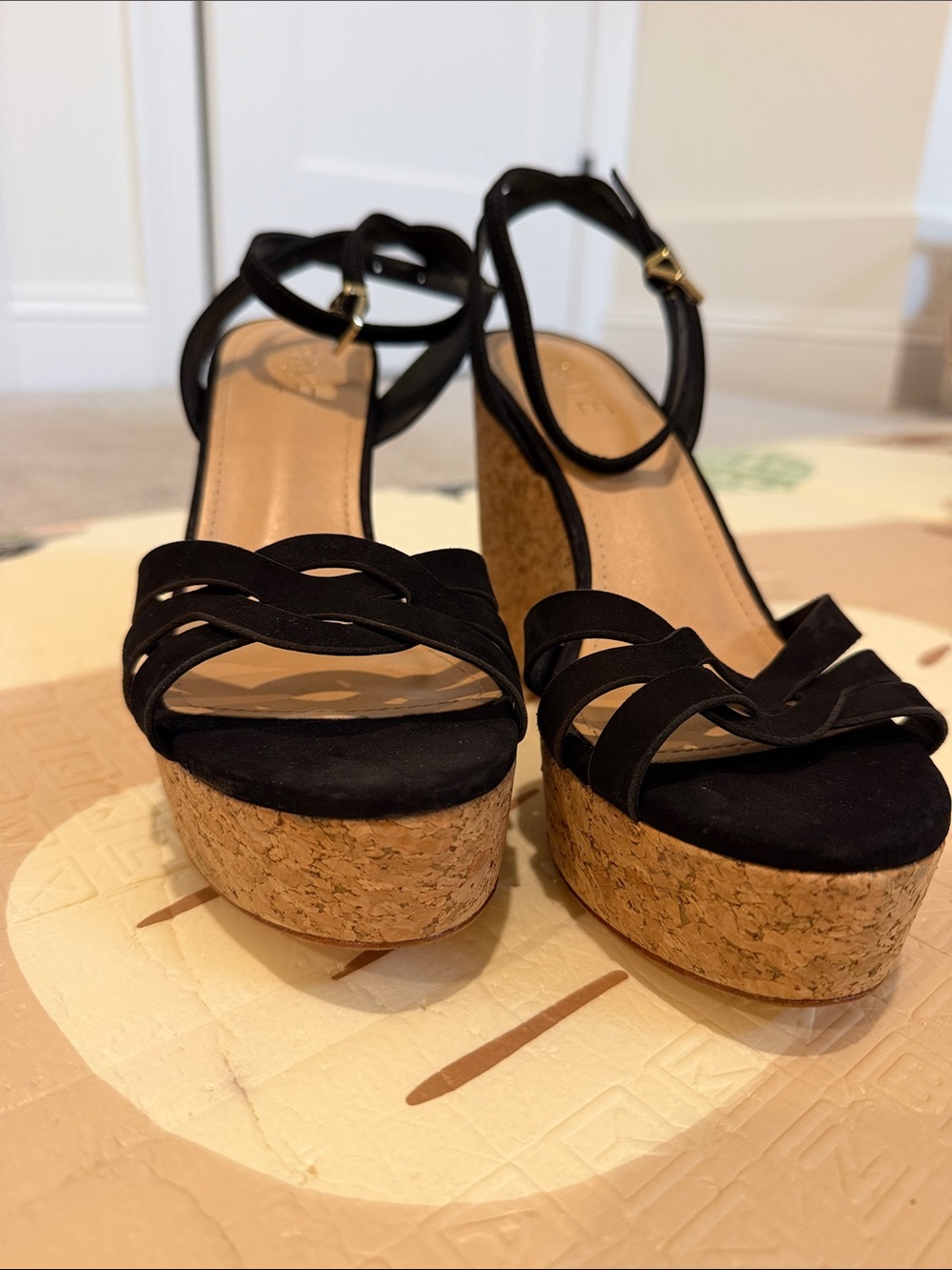 RAYE Black Cork Platform Wedge Sandals with Ankle Strap